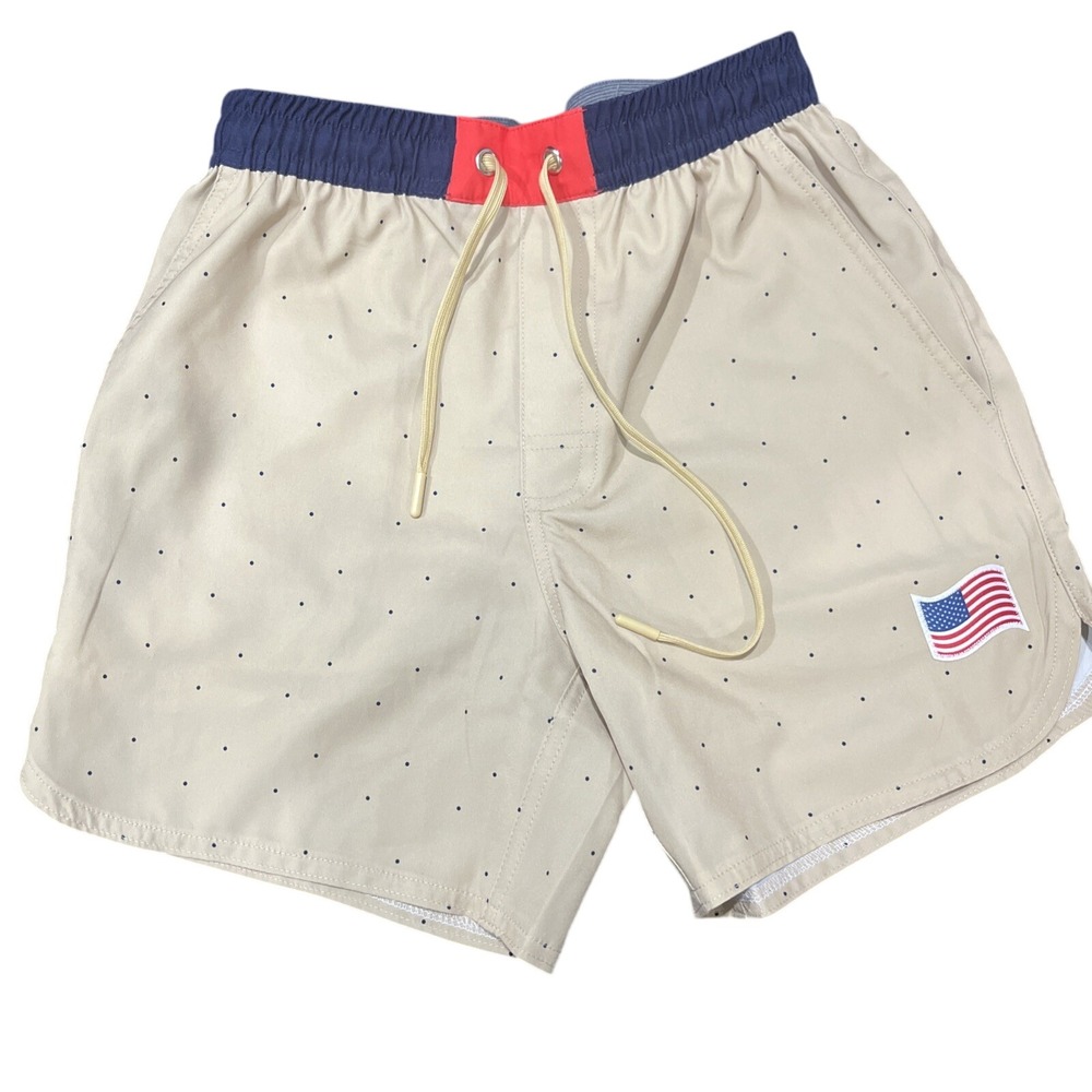 StickStar Swim Trunks Boys XL Tan Polka Dot American Flag Patriotic Shorts‎